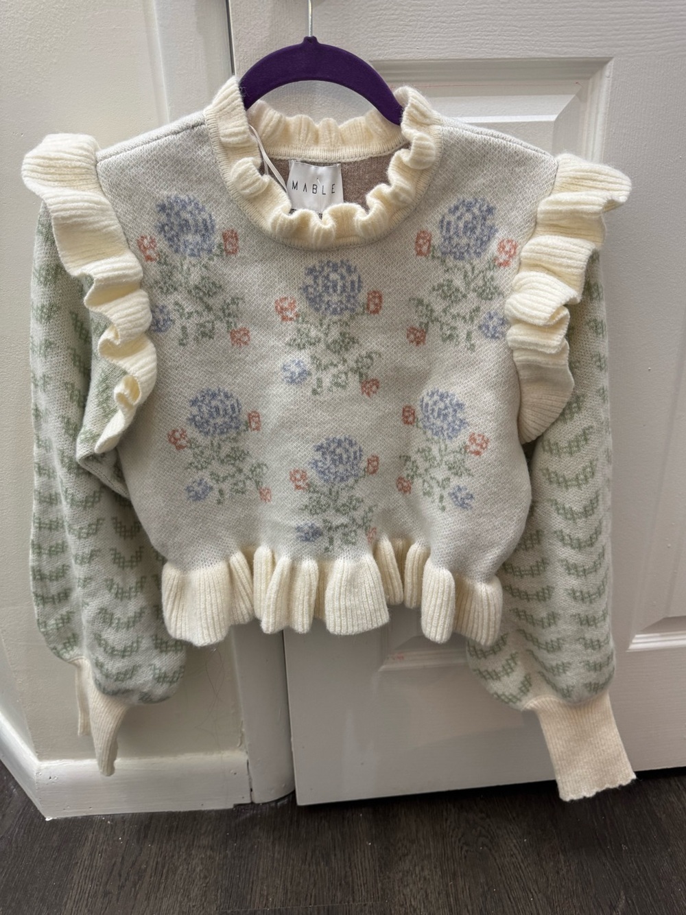 MARBLE Cream Floral Ruffle Knit Sweater Set